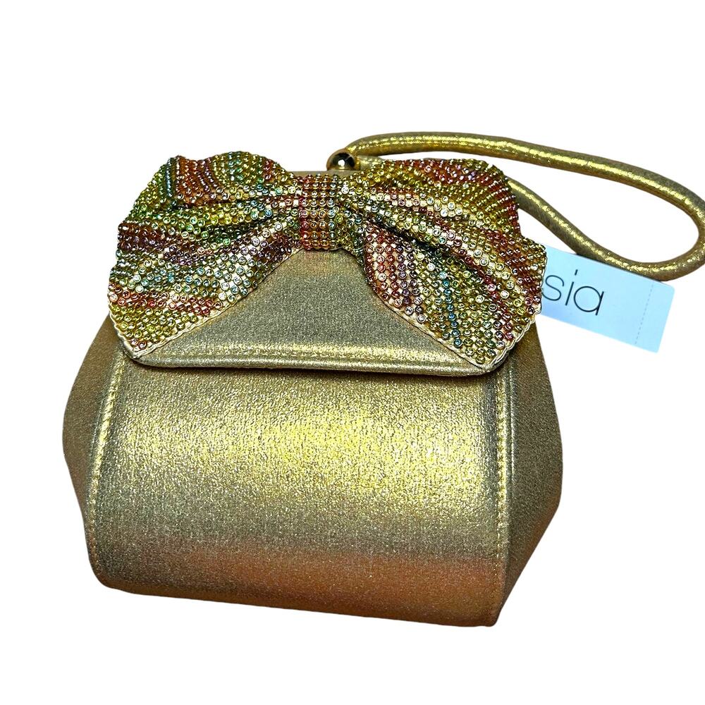 NEW NWT Alessia Rainbow Rhinestone Bow Gold Fabric Crossbody Bag